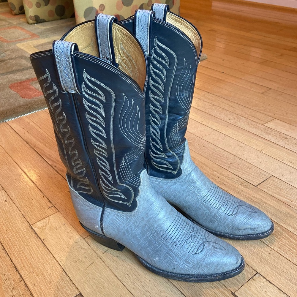 Tony Lama Grey Black Leather Cowboy Boots 8D